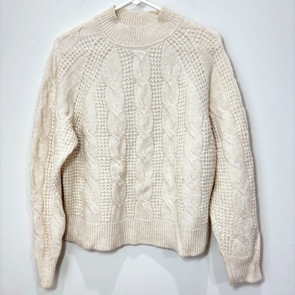 J Crew Alpaca Cable Knit Pullover Sweater Mock Neck Cream Women L Fisherman Prep